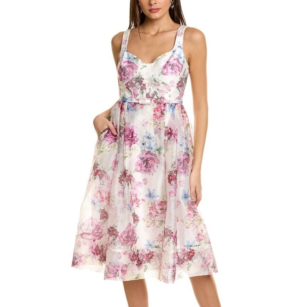 ML Monique Lhuillier Elegant Floral Midi Dress in Pink and Blue